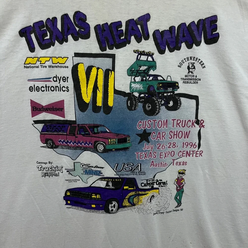 Fruit of the Loom Texas Heat‎ Wave T Shirt Mens XXL White 1996 Car Show Graphic